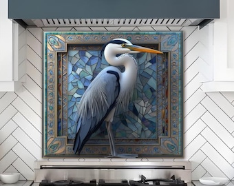 Blue Heron Glass Backsplash, Tempered Glass Wall Art Panel, Coastal Bird Kitchen Backsplash, Modern Wildlife Glass Splashback Decor