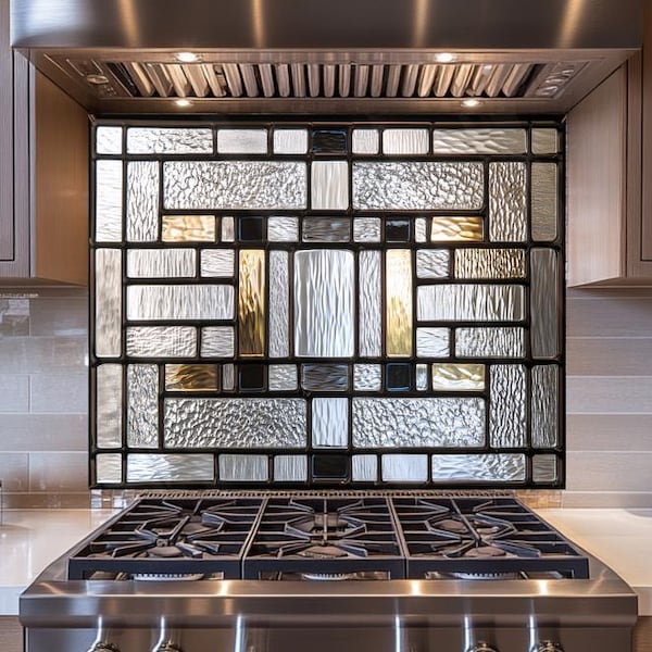 Geometric Stained Glass Backsplash | Tempered Glass Kitchen Wall Panel | Gold Modern Kitchen Decor