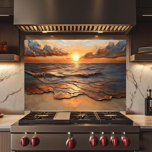 May include: A kitchen with a stainless steel stove and a backsplash featuring a sunset over the ocean. The backsplash art depicts waves, a sandy beach, and a vibrant orange and yellow sky. The stove has red knobs.
