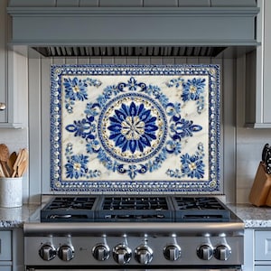 Turkish Tile Pattern Glass Backsplash Panel, Tempered Glass Wall Art, Traditional Anatolian Design, Elegant Kitchen Decor, Stove Protector