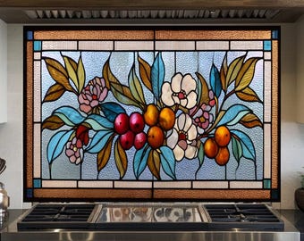Floral Stained Look Glass Style Backsplash Panel, Tempered Glass Wall Art, Timeless Color Design, Elegant Kitchen Decor, Stove Protector