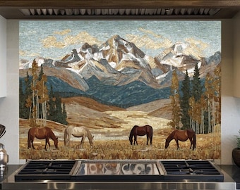 Nature and Horses Mosaic Glass Backsplash • Rustic Kitchen Panel • Artistic Equestrian Wall Art • Scenic Animal Design
