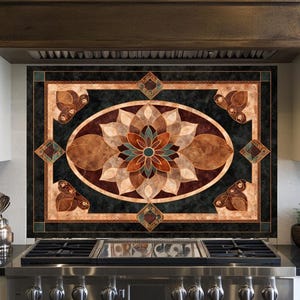 May include: Decorative kitchen backsplash with a floral design in shades of brown, beige, and teal. The backsplash features an oval centerpiece and diamond-shaped accents, adding a touch of elegance to the kitchen.