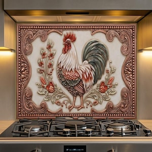 May include: A decorative kitchen backsplash featuring a detailed rooster design. The rooster is depicted in shades of red, white, and gray, surrounded by floral accents and framed by an ornate border. The backsplash is mounted above a gas stovetop.
