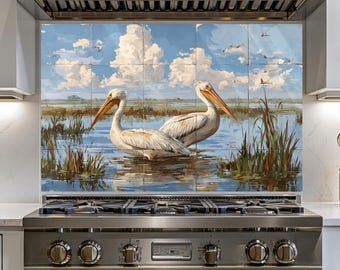Salpicadero de cristal con diseño de pelícano, arte mural de aves costeras para cocina, decoración de azulejos con paisaje de marisma, panel para estufa de casa de playa, obras de arte para cocina costera