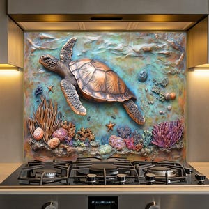 May include: A decorative kitchen backsplash featuring a 3D relief of a sea turtle swimming above coral and aquatic plants. The turtle has a copper-colored shell and dark flippers. The background is a mix of blue and green hues.