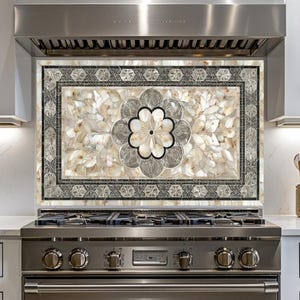 Ottoman Pattern on Marble Print Background Glass Backsplash for Kitchen Stove, Custom Wall Art, Heat-Resistant Kitchen Decor