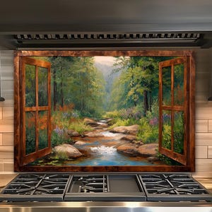 May include: A kitchen backsplash featuring a painting of a forest scene viewed through an open window. The artwork depicts a stream flowing through a lush green forest with colorful wildflowers. The window frame is a dark brown color.