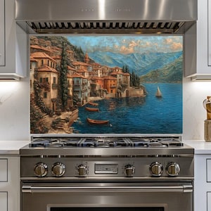 Mediterranean Coastal Glass Backsplash Panel – Italian Lake Village Art Kitchen Decor – Custom Printed Tempered Glass Wall Art, Made in USA