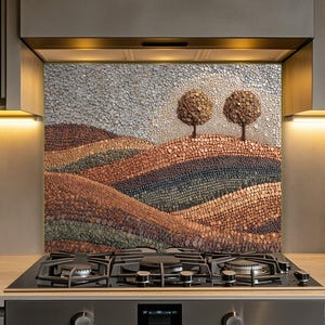 May include: A kitchen backsplash panel featuring a mosaic landscape made of small circular wood slices. The design depicts rolling hills in shades of brown, copper, and green, with two round trees against a textured gray sky background.