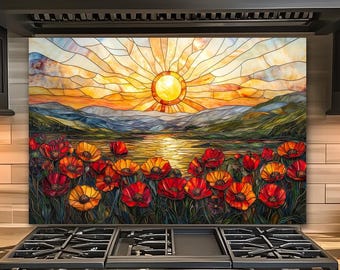 Protector contra salpicaduras de cocina de vidrio templado, efecto vitral, amapolas, panel protector para la pared de la estufa