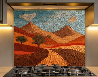 Salpicadero de vidrio con mosaico del desierto, arte mural de cocina con paisaje del suroeste, protector contra salpicaduras de estufa de vidrio templado en tonos tierra