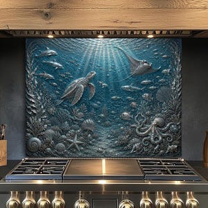 May include: A rectangular kitchen backsplash panel featuring a detailed, embossed underwater scene in shades of blue and silver. The design depicts a sea turtle, a stingray, an octopus, various fish, and coral reefs under light rays.