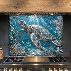 May include: A rectangular kitchen backsplash panel featuring an underwater scene with a large, ornate silver sea turtle swimming among intricate coral, seaweed, and a starfish, all set against a deep blue ocean background with light rays.