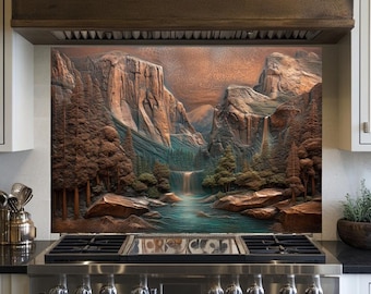 Salpicadero de cocina de vidrio templado con paisaje de montaña de cobre para detrás de la estufa, azulejo rústico de pino, fabricado en EE. UU.