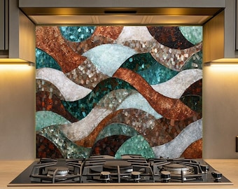 Mosaic Copper Ocean Wave Glass Backsplash • Coastal Wall Art Panel • Blue Water Kitchen Decor • Textured Nautical Design • Made in USA