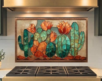 Texas Desert Cactus Glass Backsplash – Southwestern Kitchen Stove Backsplash – Rustic Ranch Style Wall Panel – Western Home Art, Made in USA