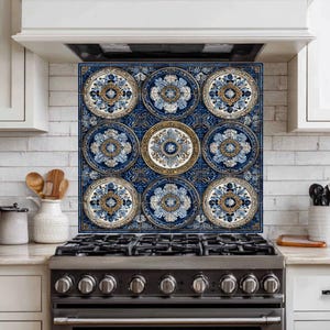 May include: Decorative kitchen backsplash featuring a repeating pattern of blue, white, and gold circular designs. The backsplash is installed above a black gas range and adds a touch of elegance to the kitchen.