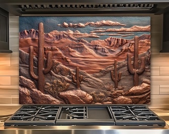 Protector contra salpicaduras de estufa con cactus del desierto, decoración de cocina del suroeste, arte mural de paisaje desértico estilo cobre, panel de vidrio templado para protector contra salpicaduras de cocina