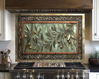 Protector contra salpicaduras de vidrio para cocina con aceitunas y ramas de olivo, protector de vidrio templado para estufa, panel protector de pared para cocina, fabricado en EE. UU.