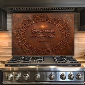 May include: A copper-colored kitchen backsplash with the text "Give us today our daily bread. Matt 6:11" in an oval frame with floral accents. The backsplash is installed above a stainless steel gas range.