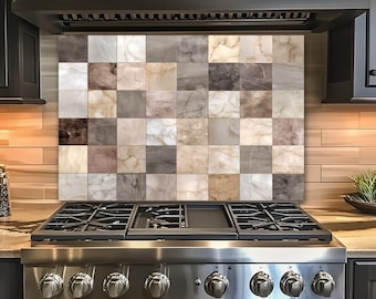 Salpicadero de vidrio con azulejos de mármol, mosaico de piedra neutra para pared de cocina, panel de vidrio templado de una sola pieza para salpicadero de estufa.