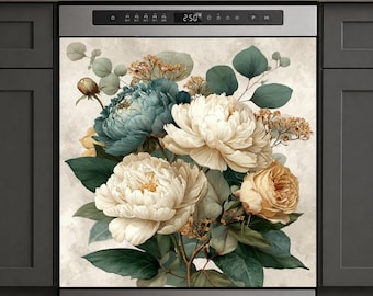 Funda magnética para lavavajillas con diseño de ramo de peonías vintage, elegante decoración floral para la cocina, funda botánica para electrodomésticos, panel magnético extraíble.