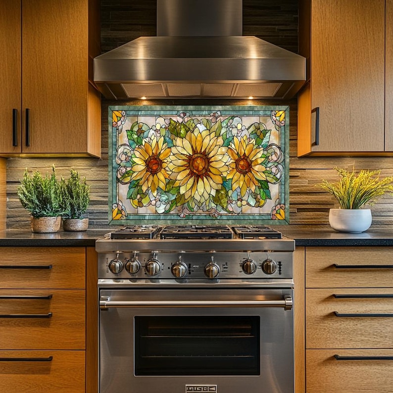 May include: A stained glass panel featuring three large sunflowers with yellow petals and brown centers. The panel is framed with a teal border and is installed above a stainless steel stove in a kitchen setting.
