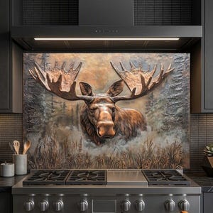 May include: A rectangular kitchen backsplash panel featuring a three-dimensional relief of a moose head with large antlers, set against a textured forest background in shades of bronze and brown, positioned behind a stainless steel gas stove.