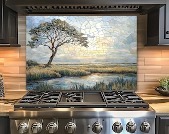 Salpicadero de vidrio con diseño de árbol costero, arte mural de cocina con paisaje de marisma, protector contra salpicaduras de estufa de vidrio templado estilo vidriera