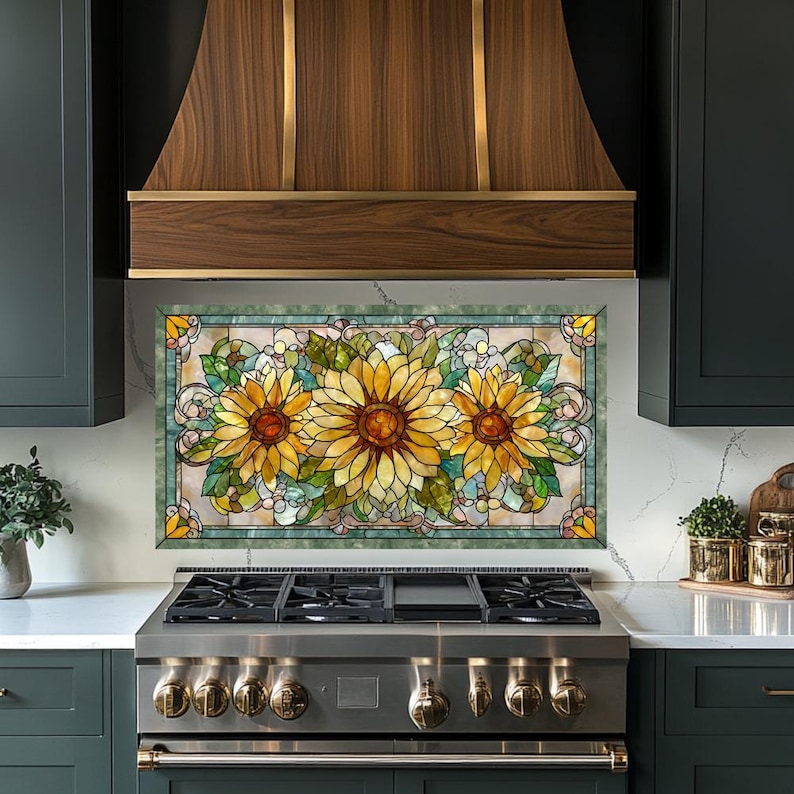 May include: A stained glass kitchen backsplash featuring three large sunflowers with yellow petals and brown centers. The sunflowers are surrounded by green leaves and decorative swirls, set against a light background with a green border.