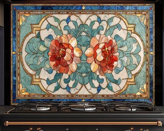 Floral Stained Glass Style Backsplash Panel, Tempered Glass Wall Art, Timeless Color Design, Elegant Kitchen Decor, Stove Protector