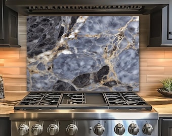 Salpicadero de cristal azul grisáceo ónix, arte mural de mármol de lujo para cocina, panel de protección contra salpicaduras de vidrio templado con vetas doradas para estufa