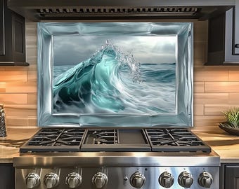 Ocean Wave Kitchen Glass Backsplash • Coastal Backsplash Art • Blue Water Wall Panel • Beach House Decor