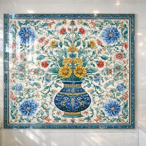 May include: A decorative wall tile featuring a floral design. The artwork showcases a blue vase filled with yellow flowers, surrounded by red and blue floral accents on a white background. The tile is framed with a teal border.