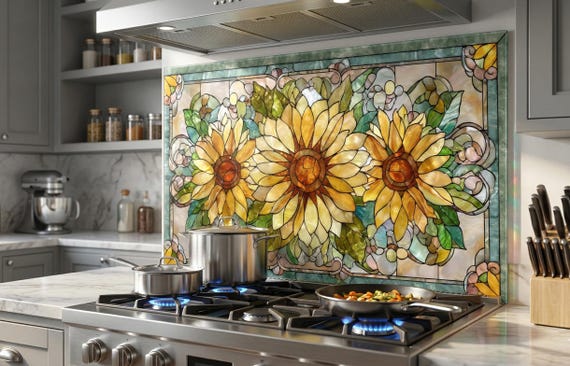 Stained Glass Look Sunflower Glass Backsplash, Rustic Farmhouse Wall Decor, Floral Stove Splash Guard, Tempered Glass Wall Art, Floral Tile