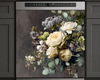 Funda magnética para lavavajillas con estampado floral, decoración de cocina estilo cottagecore oscuro, funda para electrodomésticos con diseño de ramo de flores vintage, panel magnético extraíble.