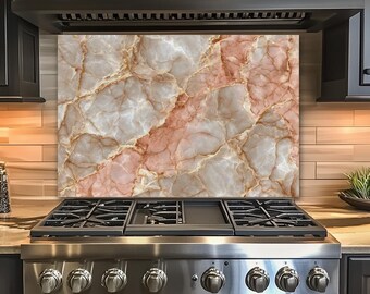 Salpicadero de cristal y mármol ónix rosa, lujoso cuadro de pared de cuarzo rosa para cocina, panel de protección contra salpicaduras de vidrio templado con vetas doradas para estufa