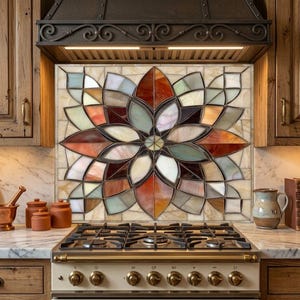 May include: A rectangular stained glass backsplash panel featuring a symmetrical floral mandala pattern with petals in shades of amber, deep red, sage green, and cream, framed by dark metal lines, installed behind a stainless steel gas stove.