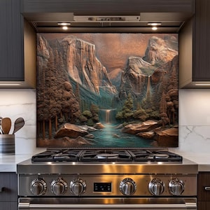 May include: A decorative kitchen backsplash featuring a detailed relief of a mountain landscape with a waterfall and trees. The color palette includes shades of brown, green, and blue, creating a naturalistic scene. The backsplash is installed above a stainless steel gas range.