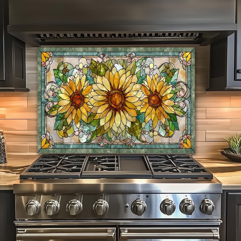May include: A decorative kitchen backsplash featuring a stained glass design with three large sunflowers. The sunflowers have yellow petals and brown centers, surrounded by green leaves and a decorative border. The backsplash is installed above a stainless steel gas range.