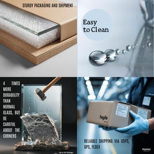 May include: Image showcasing product features: sturdy packaging, easy-to-clean surface, and durability four times greater than normal glass. The image also highlights reliable shipping via USPS, UPS, and FedEx.
