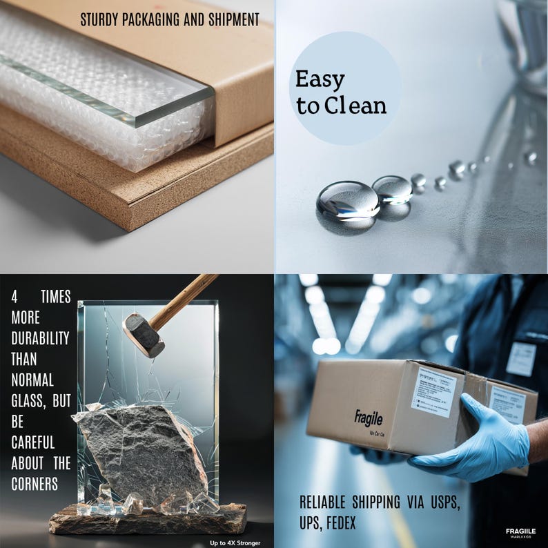 May include: Image showcasing product features: sturdy packaging, easy-to-clean surface, and durability four times greater than normal glass. The image also highlights reliable shipping via USPS, UPS, and FedEx.