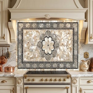 May include: A rectangular kitchen backsplash mural featuring a central floral motif made of iridescent mother-of-pearl tiles. The design is framed by a dark, intricate geometric border with repeating star patterns, set against a light marble wall.