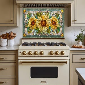May include: A decorative kitchen backsplash featuring a stained glass design with three large sunflowers. The sunflowers have yellow petals and brown centers, surrounded by green leaves and a teal border. The backsplash is installed above a cream-colored stove.