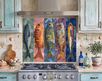 Mosaico de peces coloridos para salpicadero de cocina, decoración costera para cocina, panel de azulejos náuticos, salpicadero con aspecto artesanal, arte de pared inspirado en el océano.