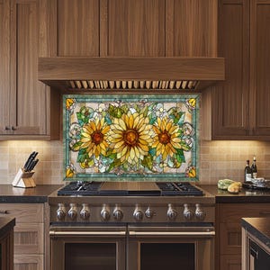 May include: A stained glass kitchen backsplash featuring three large sunflowers with yellow petals and brown centers. The sunflowers are surrounded by green leaves and a decorative border. The backsplash is installed above a stainless steel stove.