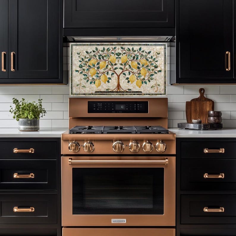 Mediterranean Lemon Tree Tempered Glass Kitchen Backsplash, 3D Art Tile ...