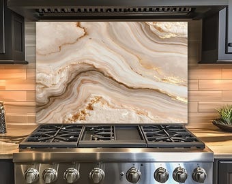 Salpicadero de mármol y vidrio de lujo, arte de pared de cocina de ónix beige, panel de protección contra salpicaduras de vidrio templado con efecto de piedra abstracta para estufa