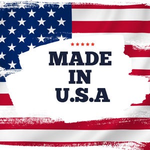 May include: Image featuring the American flag with a distressed, brushstroke effect. The text "MADE IN U.S.A" is prominently displayed in navy blue, with five red stars above the text. The flag's colors are red, white, and blue.